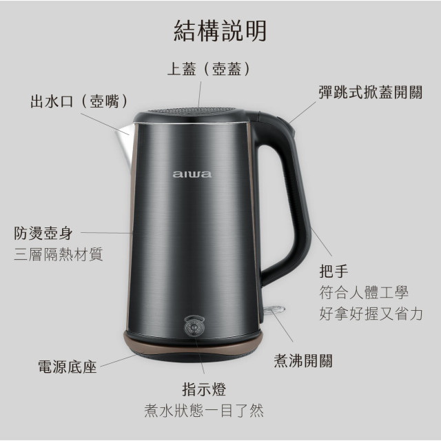 AIWA 愛華 1.8L 三層防燙電茶壺 