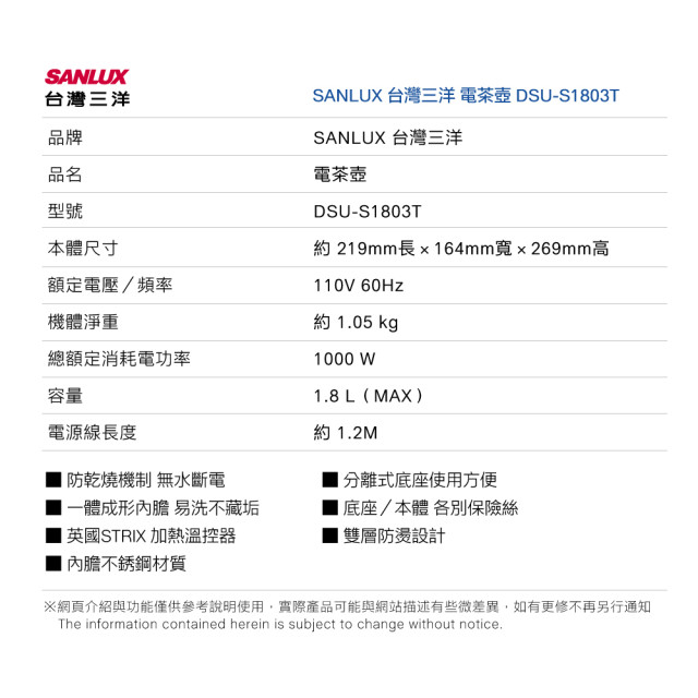 SANLUX 台灣三洋 1.8L雙層防燙電茶壺 